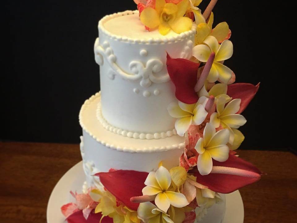 Wedding Cake with Anthuriums, Orchids, and Plumerias