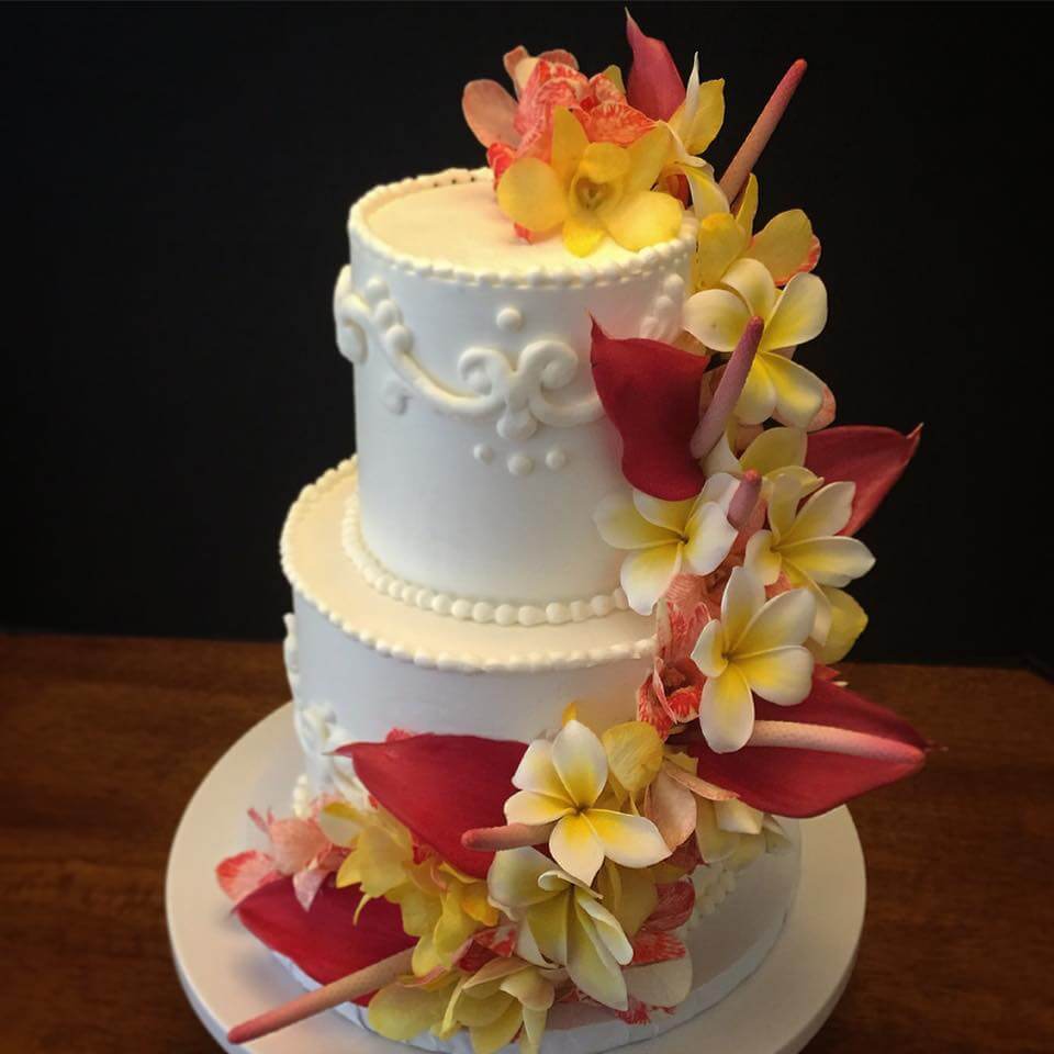 Wedding Cake with Anthuriums, Orchids, and Plumerias