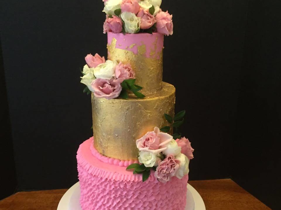 Pink and Gold Leaf Wedding Cake